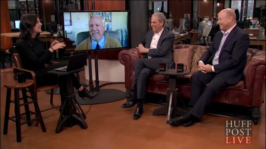 Huffingtonpost-live-meditation-against-terrorism_laughing-together Interview of John Hagelin, Bob Roth and Colonel Brian Rees laughing together